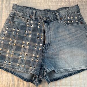 American Eagle Outfitters Light Blue Studded Plaid Jean Shorts